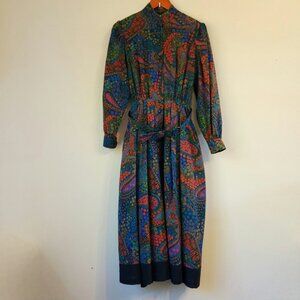 Vintage Alexon Midi Dress Paisley Print Long Slv Wool Blend Women 10US Retro 90s